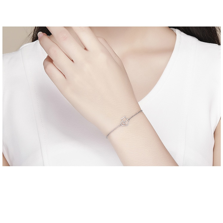 Silver Cat and Heart Bracelet
